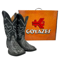 Bota Texana Masculina Goyazes Bico Quadrado Flex Couro Avestruz Grafite Stona/Pit Stop Preto C/ Cano Bordado REF:203050-AF