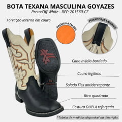 Bota Texana Masculina Goyazes Bico Quadrado Flex Pit Stop Preto/Couro Austin Off White Bordado Preto/Laranja REF:201560-CF