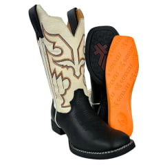 Bota Texana Masculina Goyazes Bico Quadrado Flex Pit Stop Preto/Couro Austin Off White Bordado Preto/Laranja REF:201560-CF