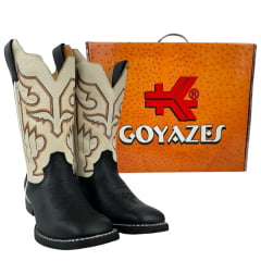 Bota Texana Masculina Goyazes Bico Quadrado Flex Pit Stop Preto/Couro Austin Off White Bordado Preto/Laranja REF:201560-CF