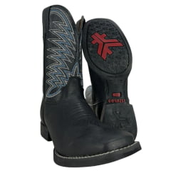 Bota Texana Masculina Goyazes Bico Quadrado Flex Preto Couro Preto Chamoa Azul Com Bordado Branco Ref:211502-CF