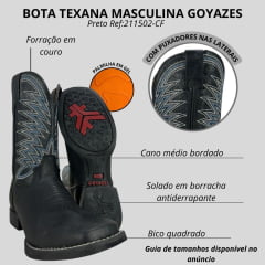 Bota Texana Masculina Goyazes Bico Quadrado Flex Preto Couro Preto Chamoa Azul Com Bordado Branco Ref:211502-CF