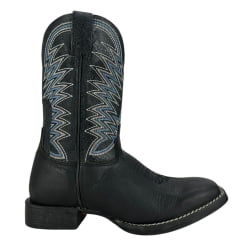 Bota Texana Masculina Goyazes Bico Quadrado Flex Preto Couro Preto Chamoa Azul Com Bordado Branco Ref:211502-CF