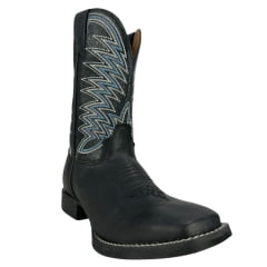 Bota Texana Masculina Goyazes Bico Quadrado Flex Preto Couro Preto Chamoa Azul Com Bordado Branco Ref:211502-CF