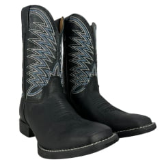Bota Texana Masculina Goyazes Bico Quadrado Flex Preto Couro Preto Chamoa Azul Com Bordado Branco Ref:211502-CF