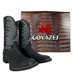 Bota Texana Masculina Goyazes Bico Quadrado Flex Preto Couro Preto Chamoa Azul Com Bordado Branco Ref:211502-CF