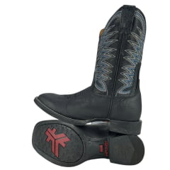 Bota Texana Masculina Goyazes Bico Quadrado Flex Preto Couro Preto Chamoa Azul Com Bordado Branco Ref:211502-CF