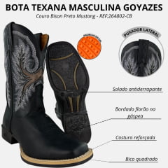Bota Texana Masculina Goyazes Bico Quadrado Bull Couro Bison Preto Mustang Preto REF:264802-CB