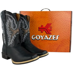 Bota Texana Masculina Goyazes Bico Quadrado Bull Couro Bison Preto Mustang Preto REF:264802-CB