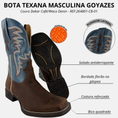 Bota Texana Masculina Goyazes Bico Quadrado Bull Couro Dakar Café/Waco Denin REF:264801-CB-01