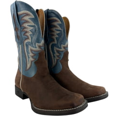 Bota Texana Masculina Goyazes Bico Quadrado Bull Couro Dakar Café/Waco Denin REF:264801-CB-01