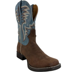 Bota Texana Masculina Goyazes Bico Quadrado Bull Couro Dakar Café/Waco Denin REF:264801-CB-01