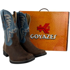 Bota Texana Masculina Goyazes Bico Quadrado Bull Couro Dakar Café/Waco Denin REF:264801-CB-01