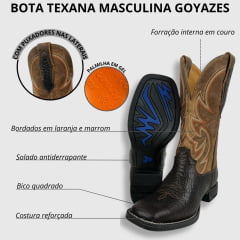 Bota Texana Masculina Goyazes Bico Quadrado Cabeça de Boi Brown/Couro Dallas Furta Cor Ref.241503-CBF