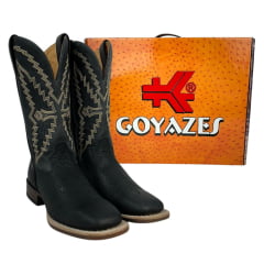 Bota Texana Masculina Goyazes Bico Quadrado Cabeça de Boi Preto/Couro Dallas Marinho Ref.236503-CBP