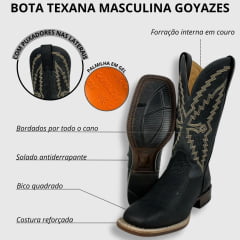 Bota Texana Masculina Goyazes Bico Quadrado Cabeça de Boi Preto/Couro Dallas Marinho Ref.236503-CBP