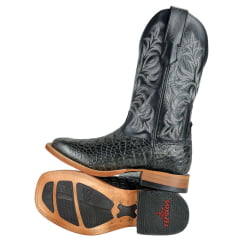 Bota Texana Masculina Goyazes Bico Quadrado Couro Barriga Jacaré Grafite/Mustang Preto Ref:251504-CJ-08