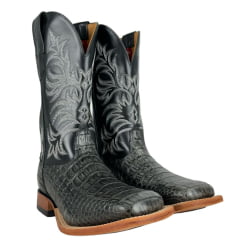 Bota Texana Masculina Goyazes Bico Quadrado Couro Barriga Jacaré Grafite/Mustang Preto Ref:251504-CJ-08