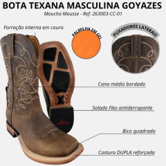 Bota Texana Masculina Goyazes Bico Quadrado Couro Dallas Moucha Mousse Ref: 263003-CC-01
