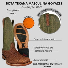 Bota Texana Masculina Goyazes Bico Quadrado Couro Elefante Camel/Dallas Folha Ref:241505-EC