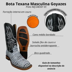 Bota Texana Masculina Goyazes Bico Quadrado Couro Elefante Nevada/ Mustang Preto Ref:246501-EC