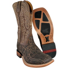 Bota Texana Masculina Goyazes Bico Quadrado Couro Elefante Pinhão/Dallas Cano Bordado Cru Ref:263004-EC-08