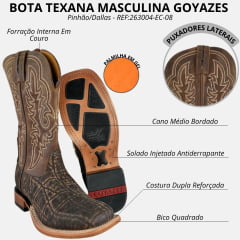 Bota Texana Masculina Goyazes Bico Quadrado Couro Elefante Pinhão/Dallas Cano Bordado Cru Ref:263004-EC-08