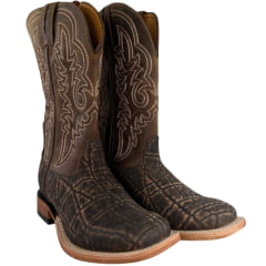 Bota Texana Masculina Goyazes Bico Quadrado Couro Elefante Pinhão/Dallas Cano Bordado Cru Ref:263004-EC-08