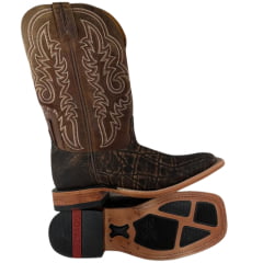 Bota Texana Masculina Goyazes Bico Quadrado Couro Elefante Pinhão/Dallas Cano Bordado Cru Ref:263004-EC-08