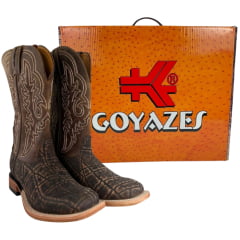 Bota Texana Masculina Goyazes Bico Quadrado Couro Elefante Pinhão/Dallas Cano Bordado Cru Ref:263004-EC-08