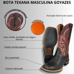 Bota Texana Masculina Goyazes Bico Quadrado Flex Couro Bison Café/Dallas Pinhão Ref.241503-CP