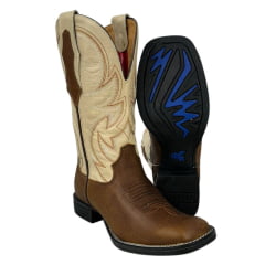 Bota Texana Masculina Goyazes Bico Quadrado Flex Couro Bison Tan/Goyazes Off White Ref.241503-CF