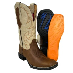 Bota Texana Masculina Goyazes Bico Quadrado Flex Couro Bison Tan/Goyazes Off White Ref.241503-CF