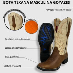 Bota Texana Masculina Goyazes Bico Quadrado Flex Couro Bison Tan/Goyazes Off White Ref.241503-CF