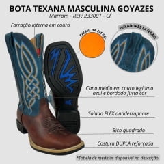 Bota Texana Masculina Goyazes Bico Quadrado Flex Couro Furta Cor/Dallas Turquesa REF: 233001 - CF