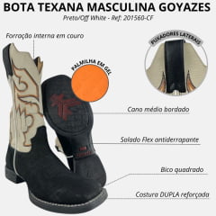 Bota Texana Masculina Goyazes Bico Quadrado Flex Couro Nobuck Cano Off White Bordado Ref:201560-CF