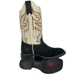 Bota Texana Masculina Goyazes Bico Quadrado Flex Couro Nobuck Cano Off White Bordado Ref:201560-CF