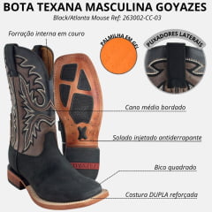Bota Texana Masculina Goyazes Bico Quadrado Injetado Preto Couro Turn Black/Atlanta Mouse Ref: 263002-CC-03