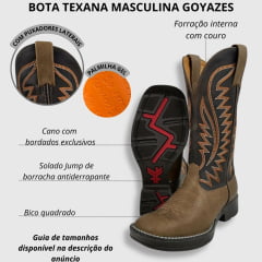 Bota Texana Masculina Goyazes Bico Quadrado Jump Couro Bufalo Ambar/Dallas Café Com Cano Bordado Laranja Ref.203057-CJ