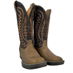 Bota Texana Masculina Goyazes Bico Quadrado Jump Couro Bufalo Ambar/Dallas Café Com Cano Bordado Laranja Ref.203057-CJ