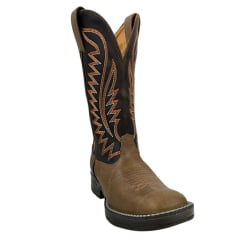 Bota Texana Masculina Goyazes Bico Quadrado Jump Couro Bufalo Ambar/Dallas Café Com Cano Bordado Laranja Ref.203057-CJ