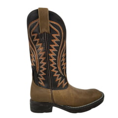 Bota Texana Masculina Goyazes Bico Quadrado Jump Couro Bufalo Ambar/Dallas Café Com Cano Bordado Laranja Ref.203057-CJ