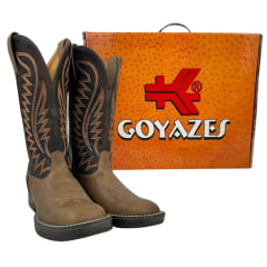 Bota Texana Masculina Goyazes Bico Quadrado Jump Couro Bufalo Ambar/Dallas Café Com Cano Bordado Laranja Ref.203057-CJ