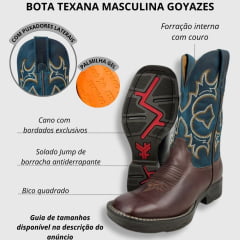 Bota Texana Masculina Goyazes Bico Quadrado Jump Couro Mustang Café/Horse Turquesa Com Cano Bordado Ref.201557-CJ