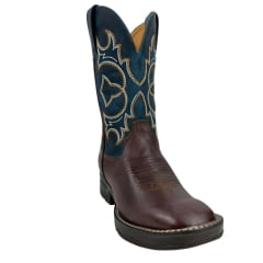 Bota Texana Masculina Goyazes Bico Quadrado Jump Couro Mustang Café/Horse Turquesa Com Cano Bordado Ref.201557-CJ