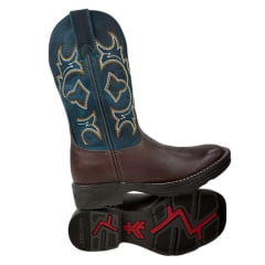 Bota Texana Masculina Goyazes Bico Quadrado Jump Couro Mustang Café/Horse Turquesa Com Cano Bordado Ref.201557-CJ