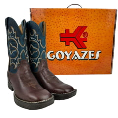 Bota Texana Masculina Goyazes Bico Quadrado Jump Couro Mustang Café/Horse Turquesa Com Cano Bordado Ref.201557-CJ