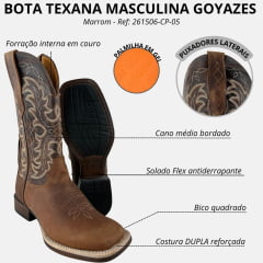 Bota Texana Masculina Goyazes Bico Quadrado Podium Café Couro Bison Ref:261506 - CP 05