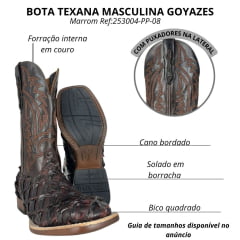 Bota Texana Masculina Goyazes Bico Quadrado Podium Couro Pirarucu Café Cano Bordado Ref:253004-PP-08