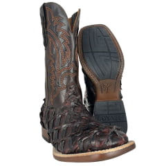 Bota Texana Masculina Goyazes Bico Quadrado Podium Couro Pirarucu Café Cano Bordado Ref:253004-PP-08
